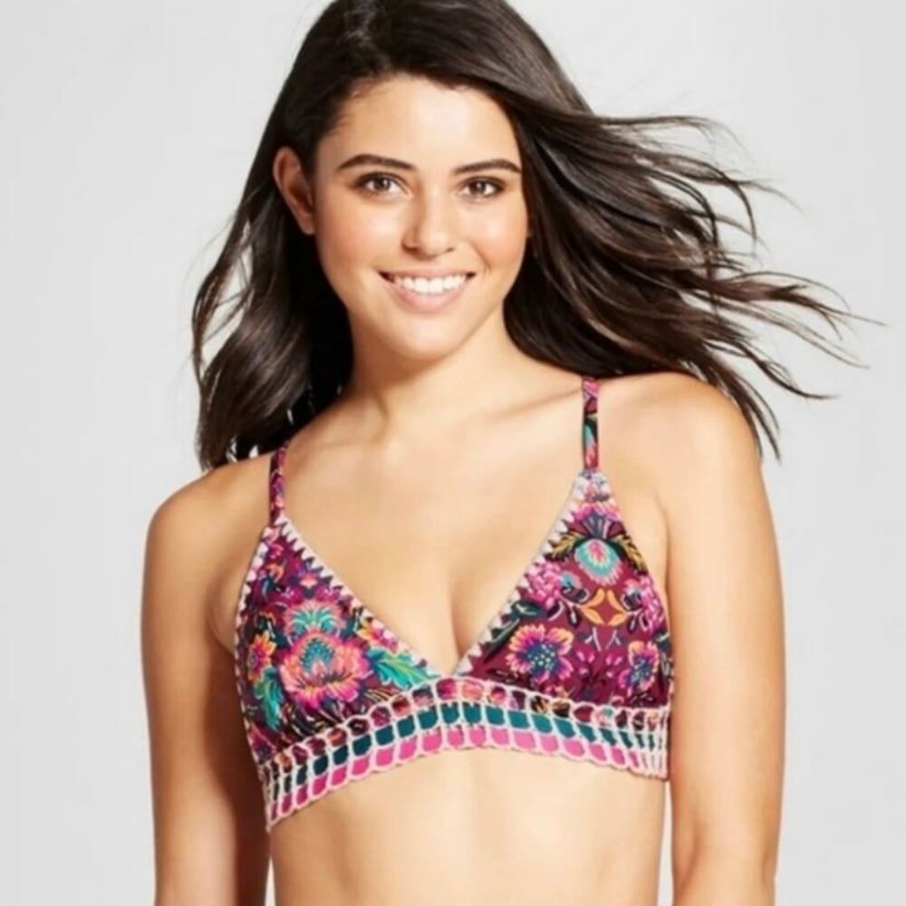 Sangria Floral Crochet Removable Pads Triangle Racerback Bikini Top Only L